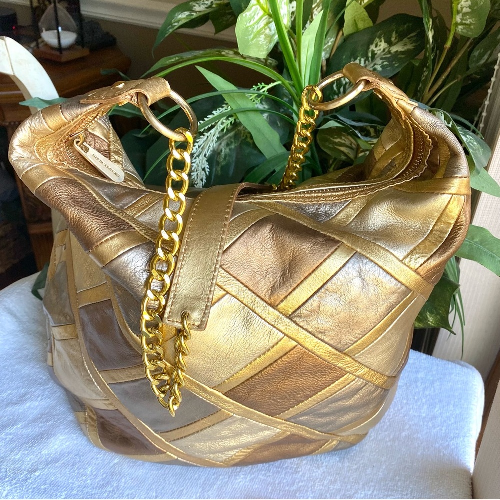 Michael Kors hobo patchwork bag in silver gold and bronze with gold chain EUC - Picture 3 of 13